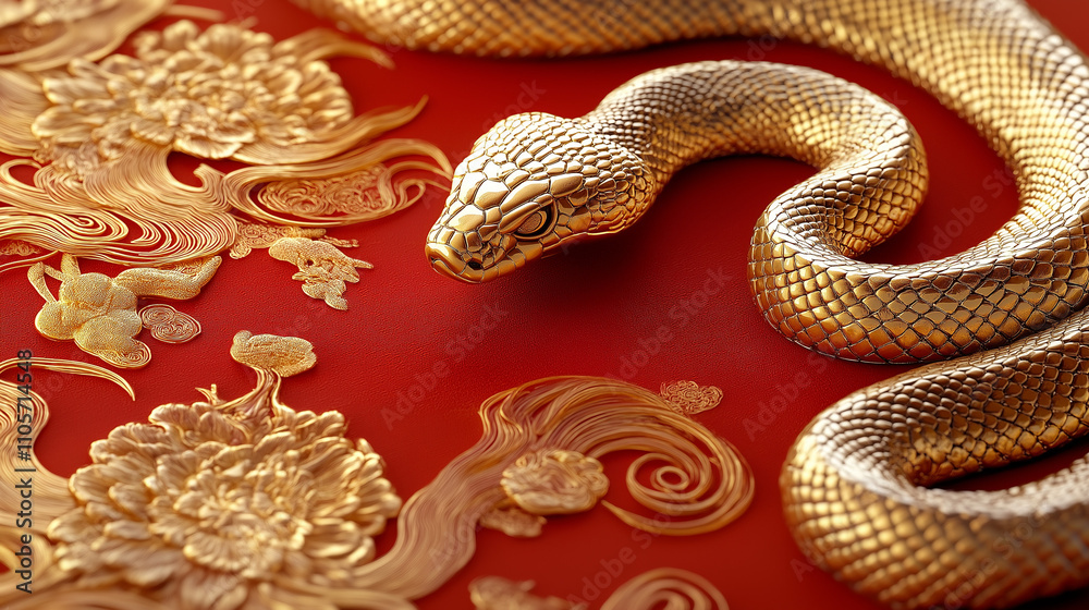 Regal and Radiant Golden Snake on Ornate Red for New Year 2025 Regal and Radiant Golden Snake on Ornate Red for New Year 2025