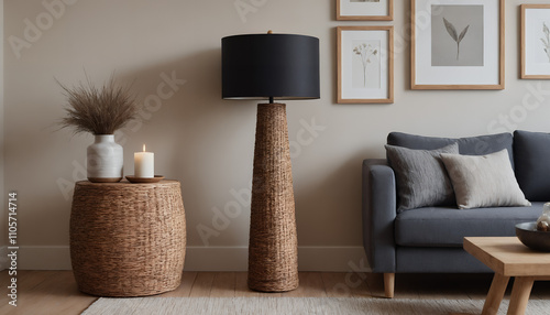 Fototapeta Naklejka Na Ścianę i Meble -  A modern living room with a grey sofa against an off-white colour wall featuring poster frames in wooden frame borders 3d illustration template. Empty frame mock-up template.