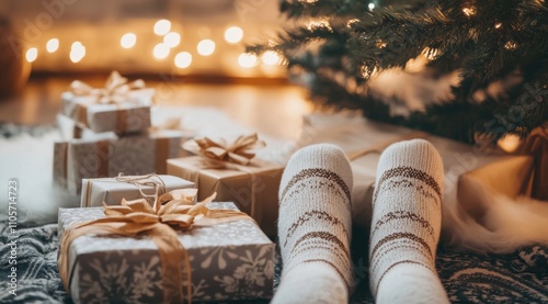 Wallpaper Mural omeone wearing Christmas socks, next to wrapped gifts on the floor under an evergreen tree Torontodigital.ca