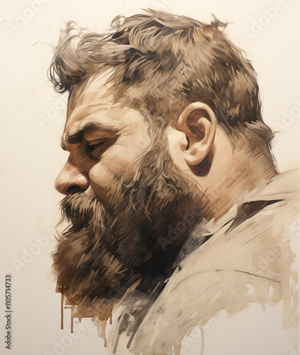 A classical two color stencil sketch of an art study of two different looking bearded portly and heavyset yet hairy and stocky 30 - year bearded hipster, obese, in love, kiss, undercut hairstyle  photo