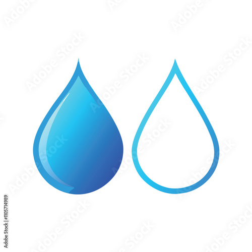 Two blue water droplets. The droplets are blue and are next to each other. The image is white