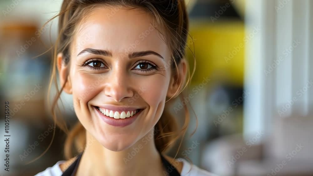 A cheerful barista smiling in a cozy cafe setting, radiating warmth and positivity with elegant decor in the background. A cheerful barista smiling in a cozy cafe setting, radiating warmth and positivity with elegant decor in the background.