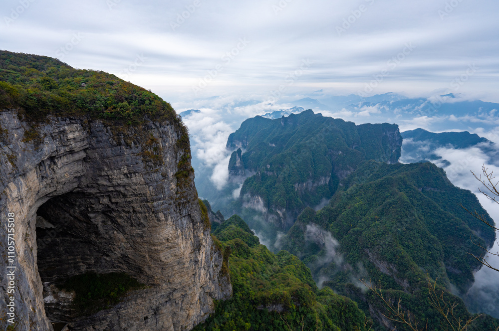 Obraz premium Beautiful nature landscape with mist at Tianmen Shan national park, The famous tourist destination at Zhangjiajie