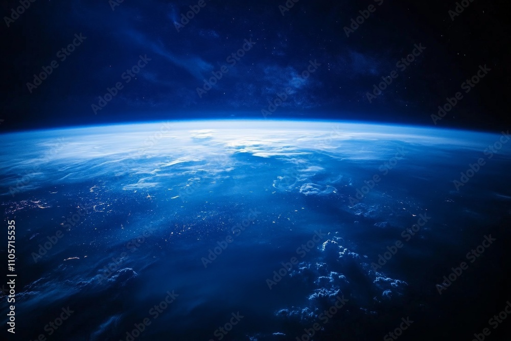 Obraz premium A mesmerizing blue view of Earth's horizon as seen from the cosmos, capturing the delicate dance of light and shadow as the Earth bathes in ethereal sunlight.