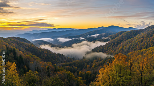 Misty Autumn Sunrise over Great Smoky Mountains National Park