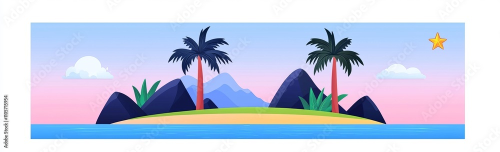 Obraz premium A panoramic background for a cartoon game, depicting a secret pirate island with a beach, palm trees, jungle lianas, and rocks in the ocean under a cloudy sky.