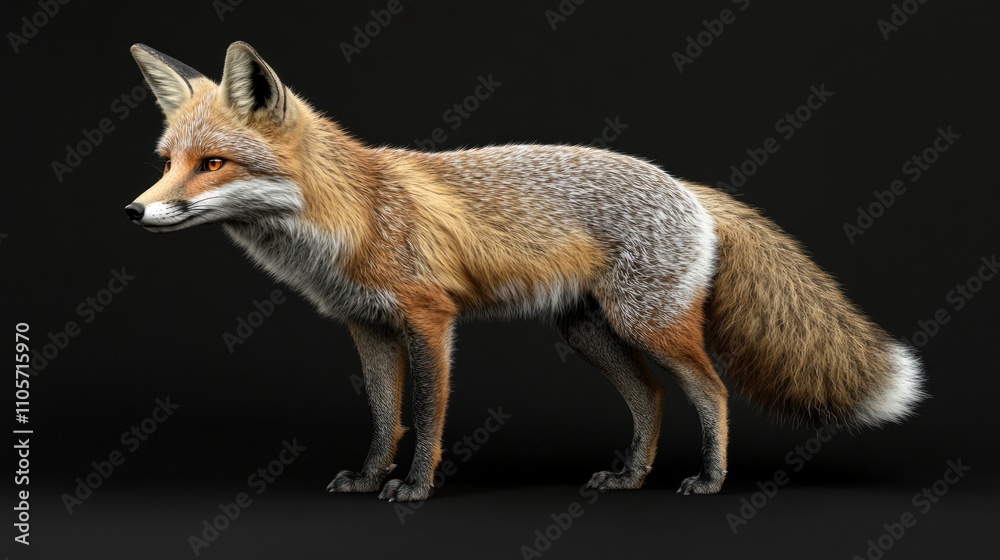 Fototapeta premium Realistic depiction of a standing fox showcasing intricate fur textures and natural colors against a dark background, highlighting the elegance and agility of this wild animal.