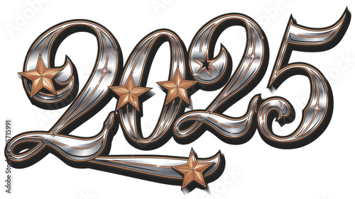 2025 silver chrome script lettering with stars on transparent background