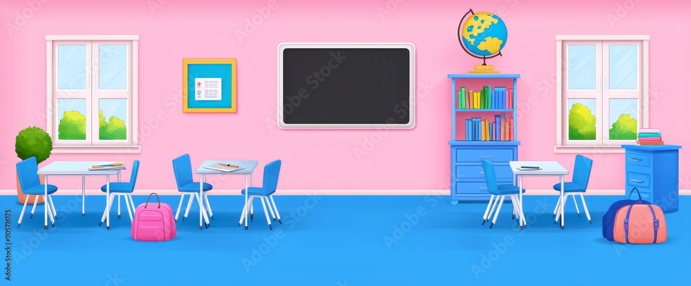 A cartoon illustration of an empty school classroom featuring a green chalkboard, wooden tables and chairs, a bookcase, a globe, and a TV, with a white blank poster on the blackboard. A cartoon illustration of an empty school classroom featuring a green chalkboard, wooden tables and chairs, a bookcase, a globe, and a TV, with a white blank poster on the blackboard.
