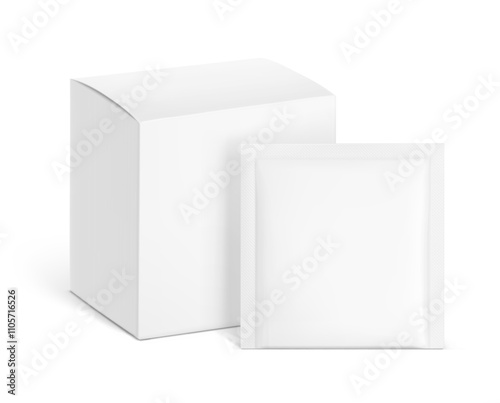 Realistic white closed paperboard box with sachet mockups. Vector illustration isolated on white background. Taking your 2D designs into 3D. Can be use for pharmacy, food, cosmetic and other. EPS10.