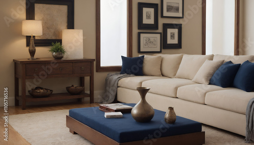 A modern living room with an off-white sofa against a light colour wall featuring poster frames in wooden frame borders 3d illustration template. Empty frame mock-up template.