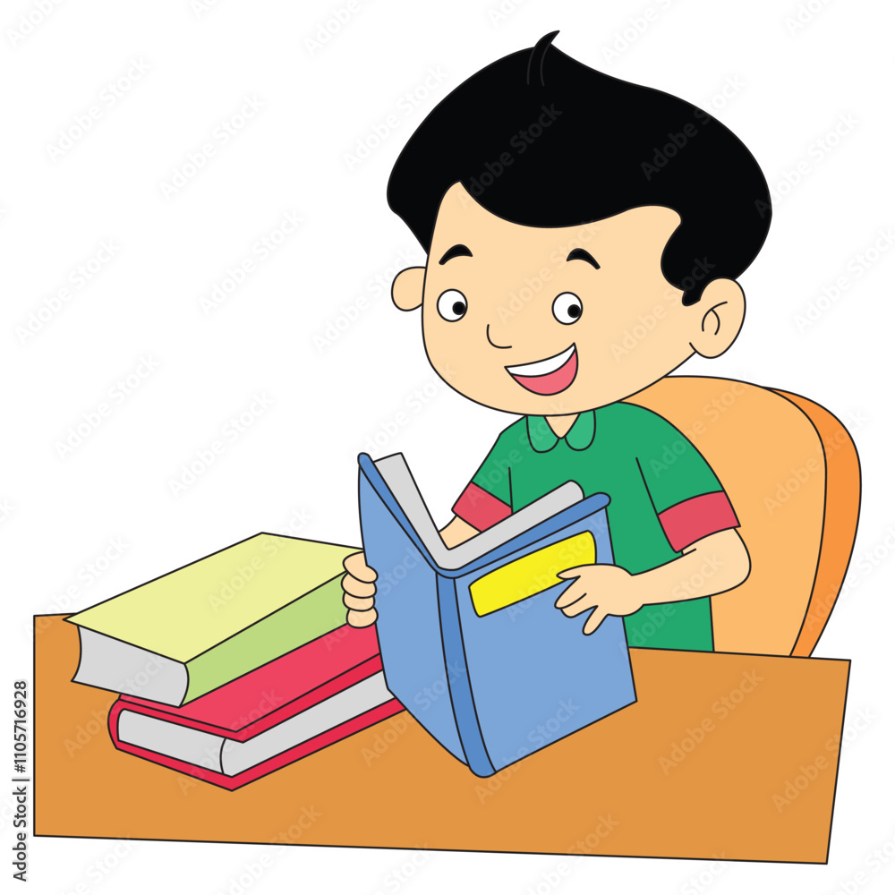 Boy studying while sitting smiling on the chair vector illustration. Boy studying while sitting smiling on the chair vector illustration.
