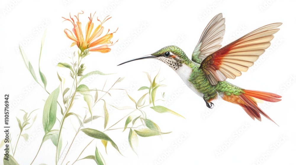 Obraz premium Vibrant Hummingbird in Flight Near Delicate Flower, Showcasing Nature’s Beauty and Intricate Details of Colorful Birds in Tropical Environments