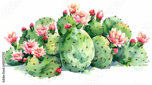 Watercolor Illustration of Opuntia Cactus with Blooming Flower photo