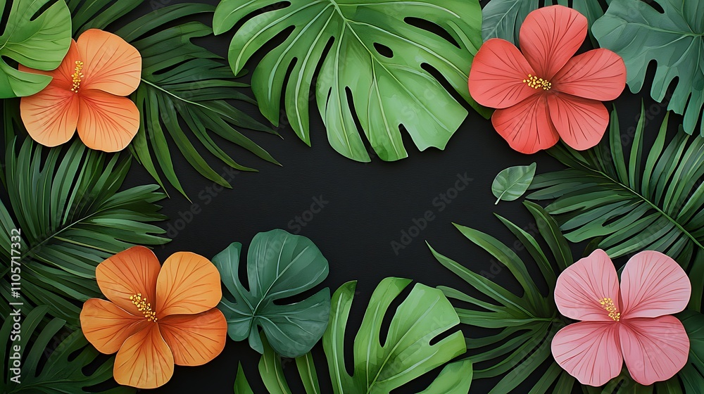 Fototapeta premium Lush Green Palm Leaves and Vibrant Tropical Flowers Creating a Stunning Nature Background for Creative Projects and Artistic Designs