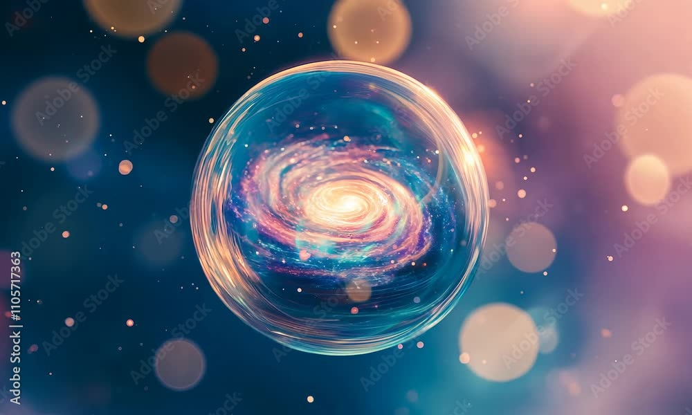 Galaxy swirls suspended in a luminous bubble, illuminated by ethereal lights in a dreamy cosmic backdrop, inviting exploration of the universes mysteries.