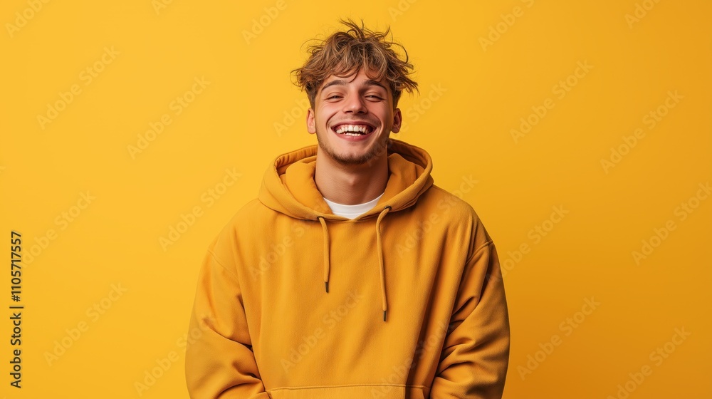 Portrait of a smiling young man in a mustard-colored hoodie against a vibrant yellow background, conveying a sense of happiness and cheerful mood. Portrait of a smiling young man in a mustard-colored hoodie against a vibrant yellow background, conveying a sense of happiness and cheerful mood.