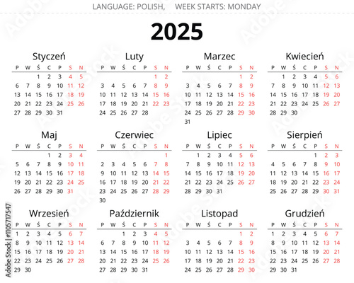 2025 year polish calendar. Printable vector illustration for Poland