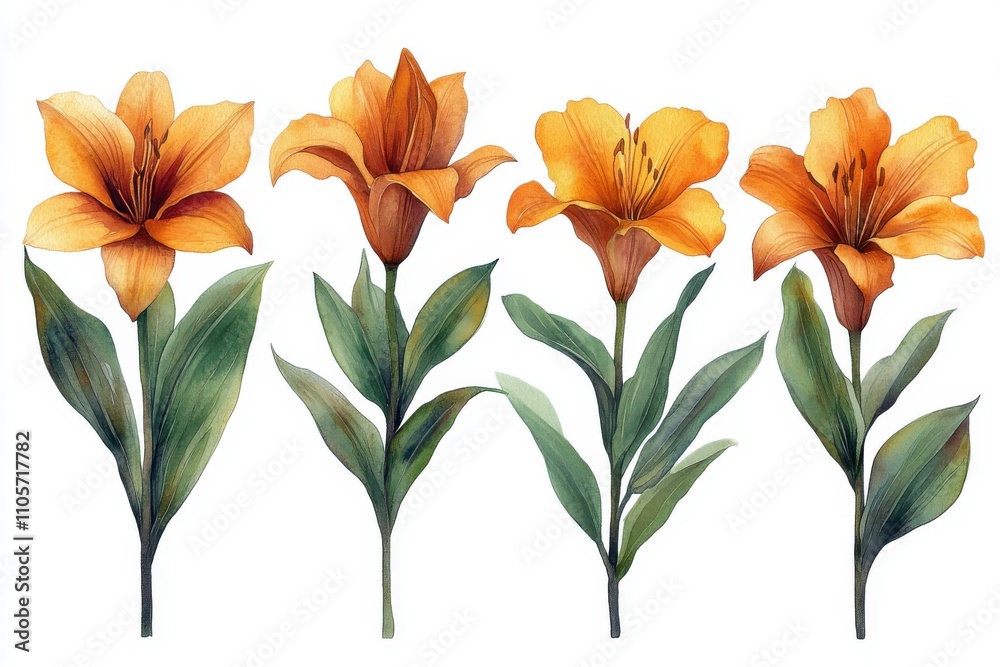 Fototapeta premium A collection of four orange flowers with green leaves, showcasing floral beauty and diversity.