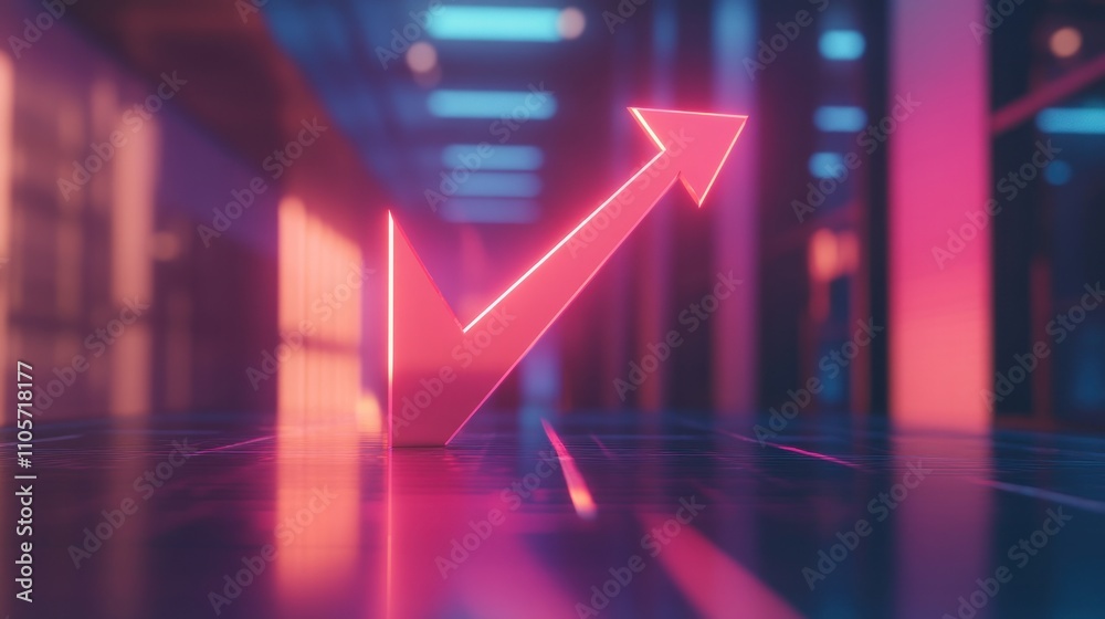 Glowing red arrow pointing upward in futuristic setting. Glowing red arrow pointing upward in futuristic setting.