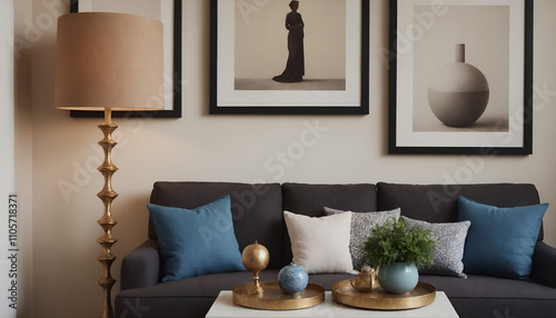 Fototapeta Naklejka Na Ścianę i Meble -  A modern living room with a sofa against an off-white colour wall featuring poster frames in wooden frame borders 3d illustration template. Empty frame mock-up template.