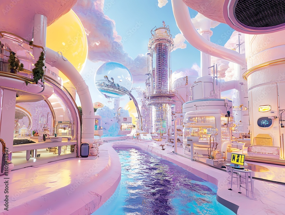 Wide-angle view of a fantasy world colliding with a scientific lab ...