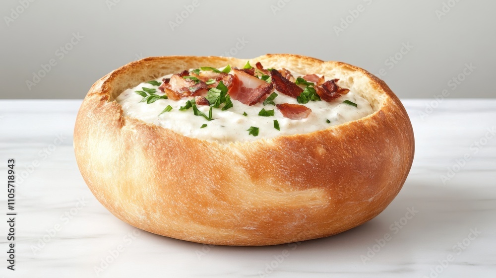 A delicious bread bowl filled with creamy soup, topped with crispy bacon and fresh herbs, perfect for a comforting meal. A delicious bread bowl filled with creamy soup, topped with crispy bacon and fresh herbs, perfect for a comforting meal.