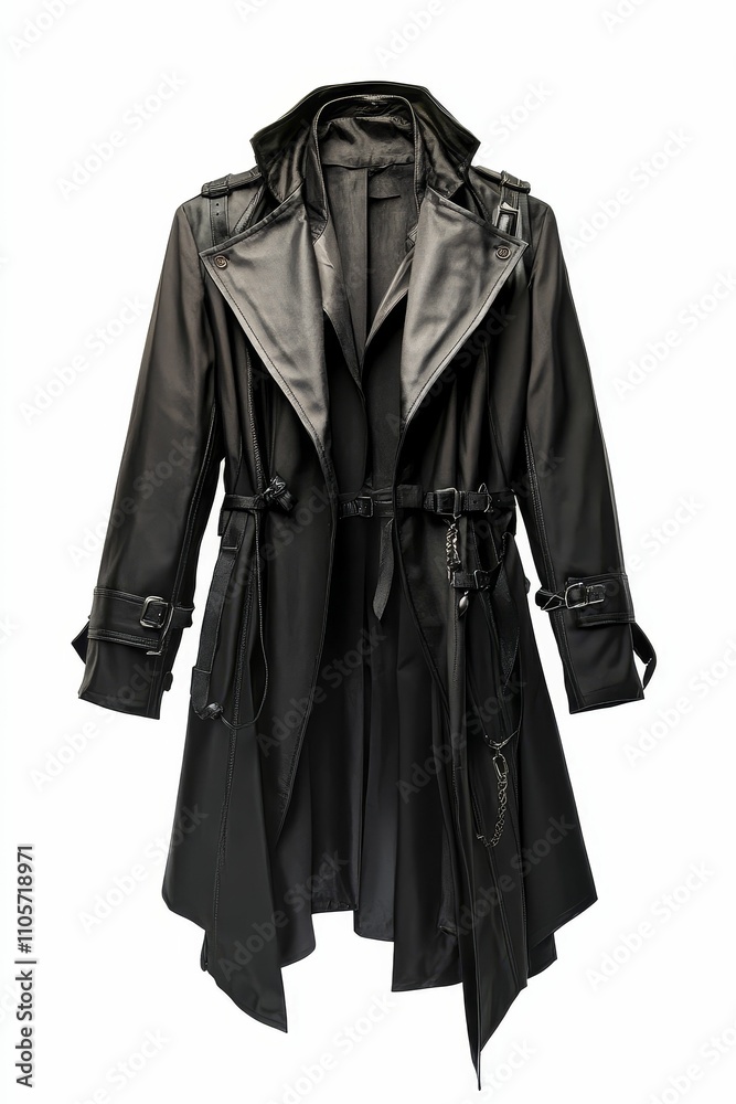 Black asymmetrical coat, buckles, long sleeves. Black asymmetrical coat, buckles, long sleeves.