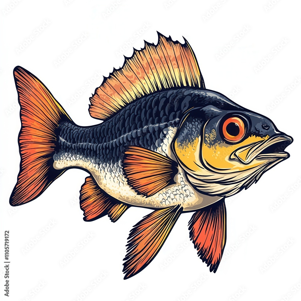 Colorful fish illustration with detailed features and vibrant fins. Colorful fish illustration with detailed features and vibrant fins.