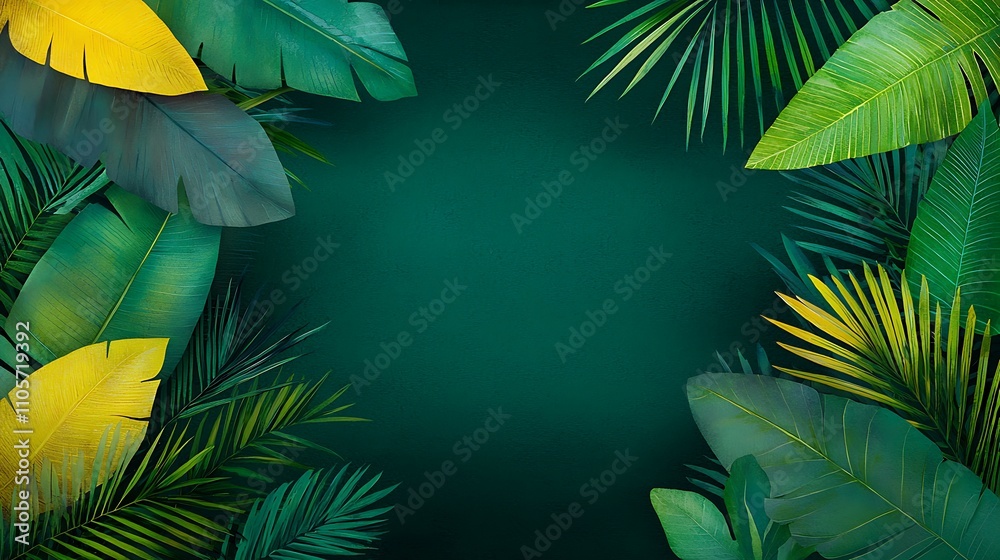 Naklejka premium Lush Watercolor Depiction of Tropical Foliage with Vibrant Green Background for Nature and Botanical Themes