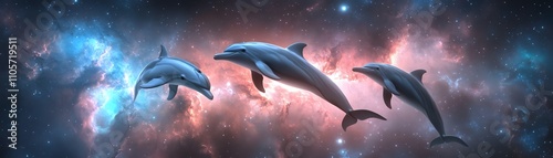 Wide-angle view of dolphins swimming through a nebula, ethereal lighting enhancing their graceful movements, merging ocean and space themes photo