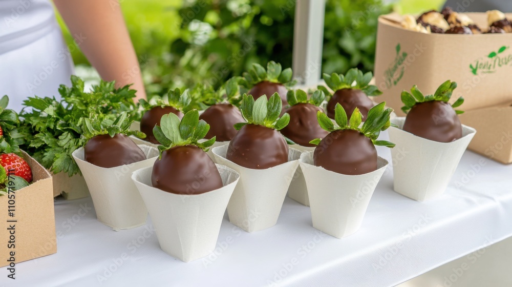 Chocolate-covered treats topped with fresh mint, elegantly displayed at a food market, inviting patrons to indulge in a sweet delight. Chocolate-covered treats topped with fresh mint, elegantly displayed at a food market, inviting patrons to indulge in a sweet delight.