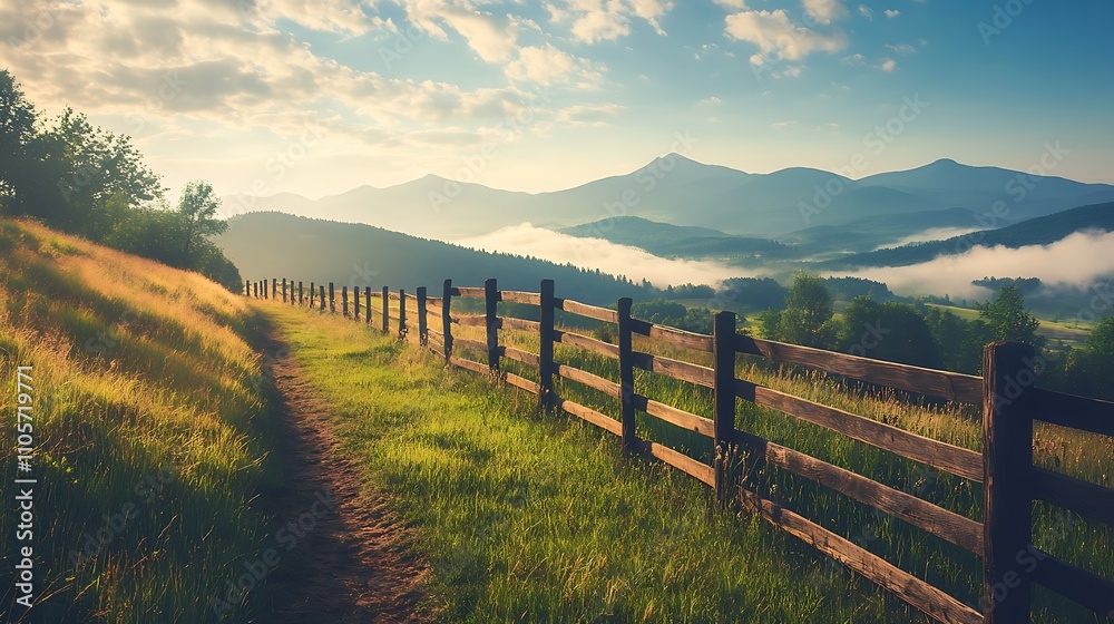 Obraz premium A rustic wooden fence running along a grassy pasture with distant mountains in view