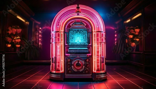 Cyberpunk style neon jukebox with blue pink and magenta colors