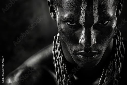 A historical portrait of a Black African slave wearing metal chains.