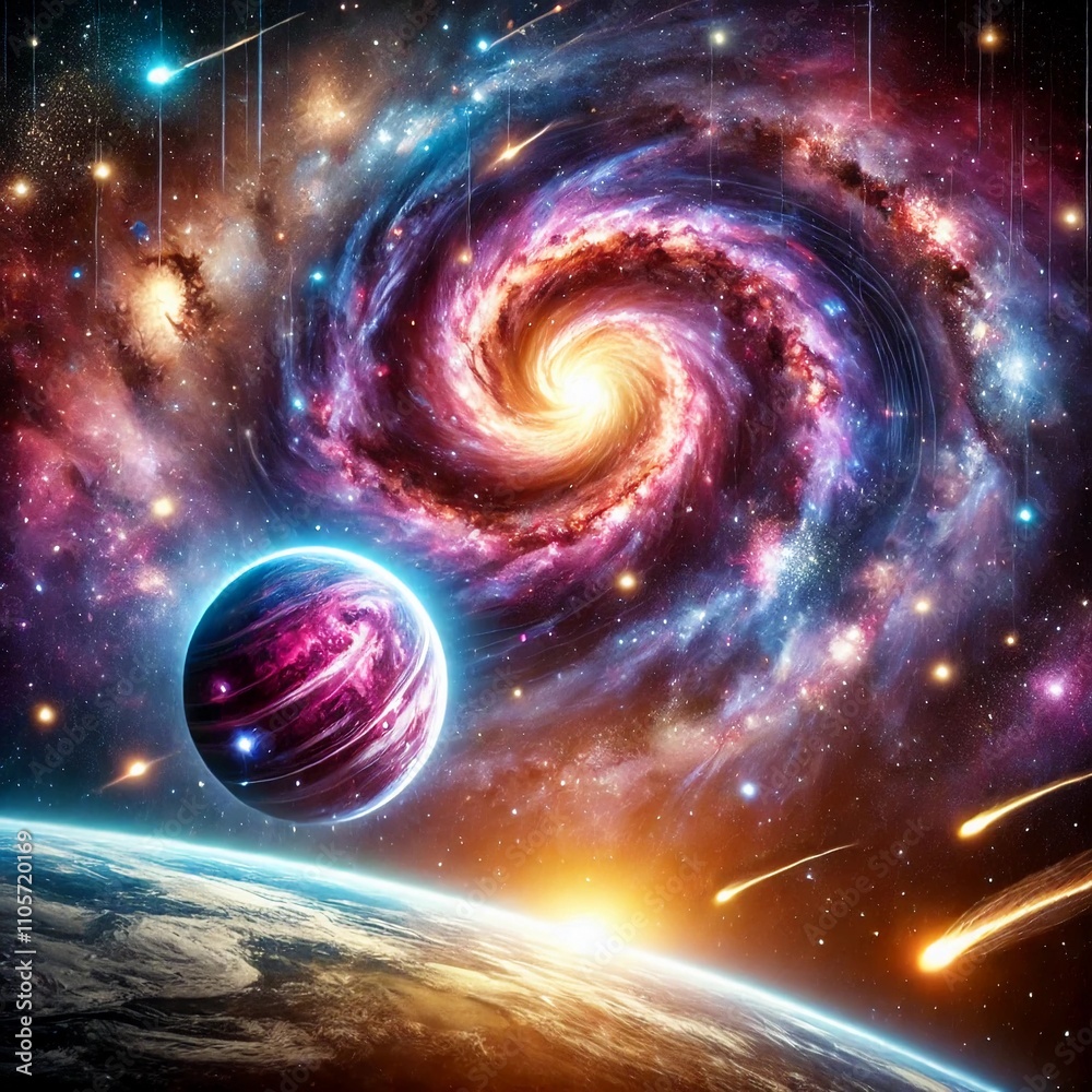 Obraz premium A breathtaking and detailed cosmic scene featuring a vibrant spiral galaxy surrounded by twinkling stars and colorful nebulas