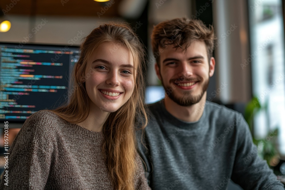 Young adults working together and smiling in a cozy modern workspace with computer screens Young adults working together and smiling in a cozy modern workspace with computer screens