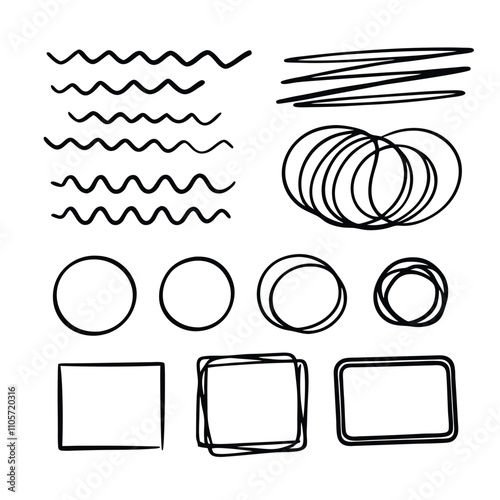 A set of black and white drawings of circles and squares. The circles are drawn with a wavy line and the squares are drawn with a straight line