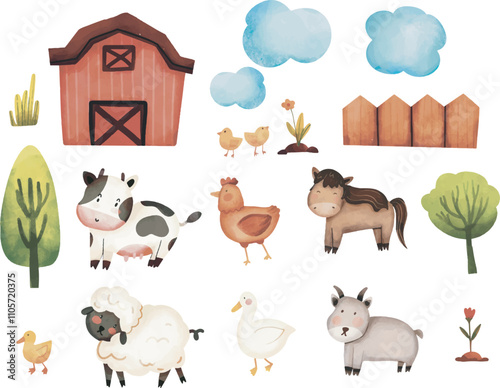 watercolor set of a variety farm animals, Cute Farm Animals Illustration with Barn and flowers, Watercolor Illustration set of farm, barn,  and nature elements, Design elements for wall art or nursery