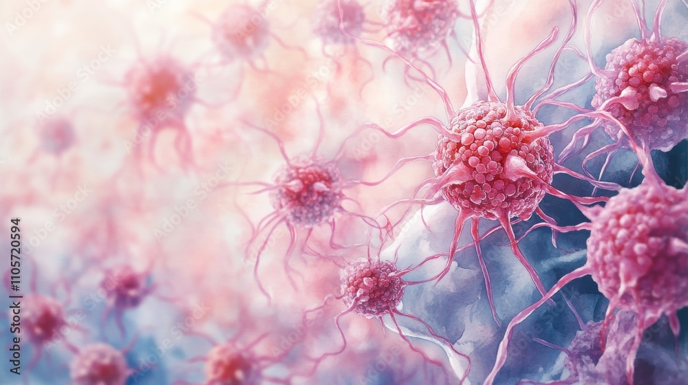 Illustrate cancer cells attacking healthy tissue, airborne, microscopic. Microscopic view of pink and purple cells, showcasing intricate details and textures, representing cellular biology and health. Illustrate cancer cells attacking healthy tissue, airborne, microscopic. Microscopic view of pink and purple cells, showcasing intricate details and textures, representing cellular biology and health.