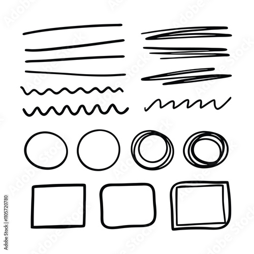 A set of black and white drawings of circles and squares. The circles are drawn with a wavy line and the squares are drawn with a straight line