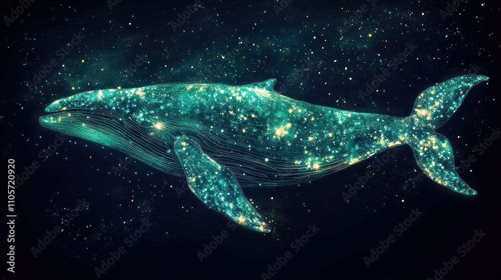 Naklejka premium Cosmic Whale in Starry Night Sky - Celestial Marine Life Illustration with Glowing Stars and Galactic Background