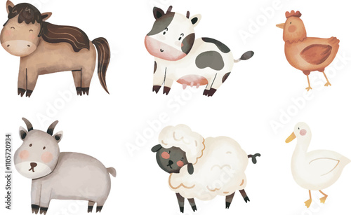 watercolor set of a variety farm animals, Cute Farm Animals Illustration with Barn and flowers, Watercolor Illustration set of farm, barn,  and nature elements, Design elements for wall art or nursery