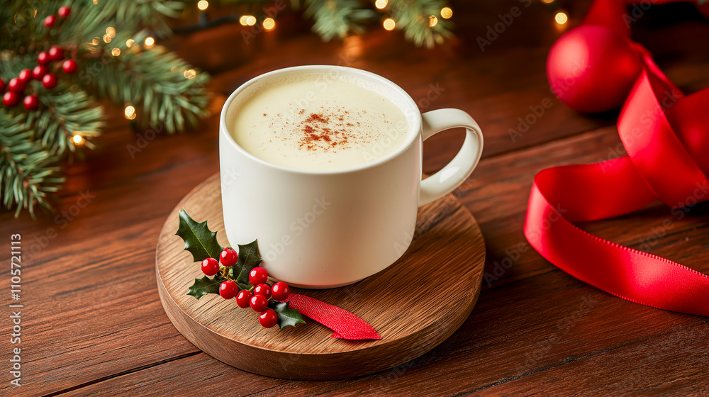 Seasonal Eggnog in a Matte White Mug Resting on a Wooden Coaster with Holly Berries and Tied Red Ribbon for Festive Branding Seasonal Eggnog in a Matte White Mug Resting on a Wooden Coaster with Holly Berries and Tied Red Ribbon for Festive Branding