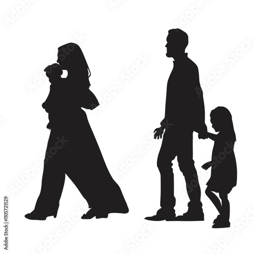 silhouette of happy family walking, father mom and two children walking