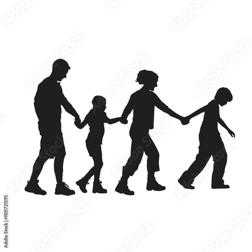 silhouette of happy family walking, father mom and two children walking