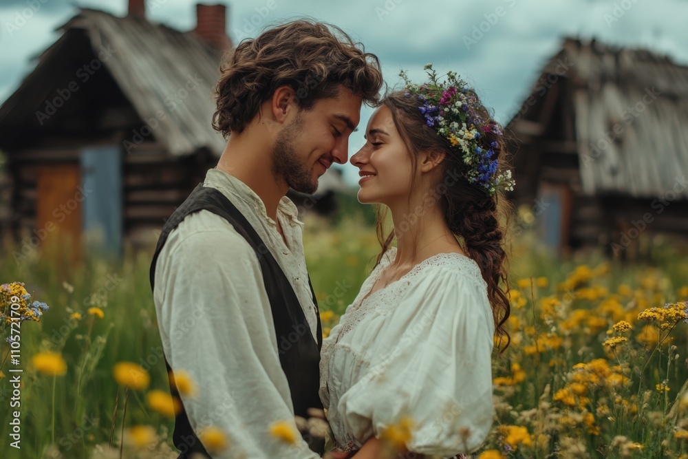 Couple sharing an intimate moment in a flower-filled field near rustic cottages Couple sharing an intimate moment in a flower-filled field near rustic cottages
