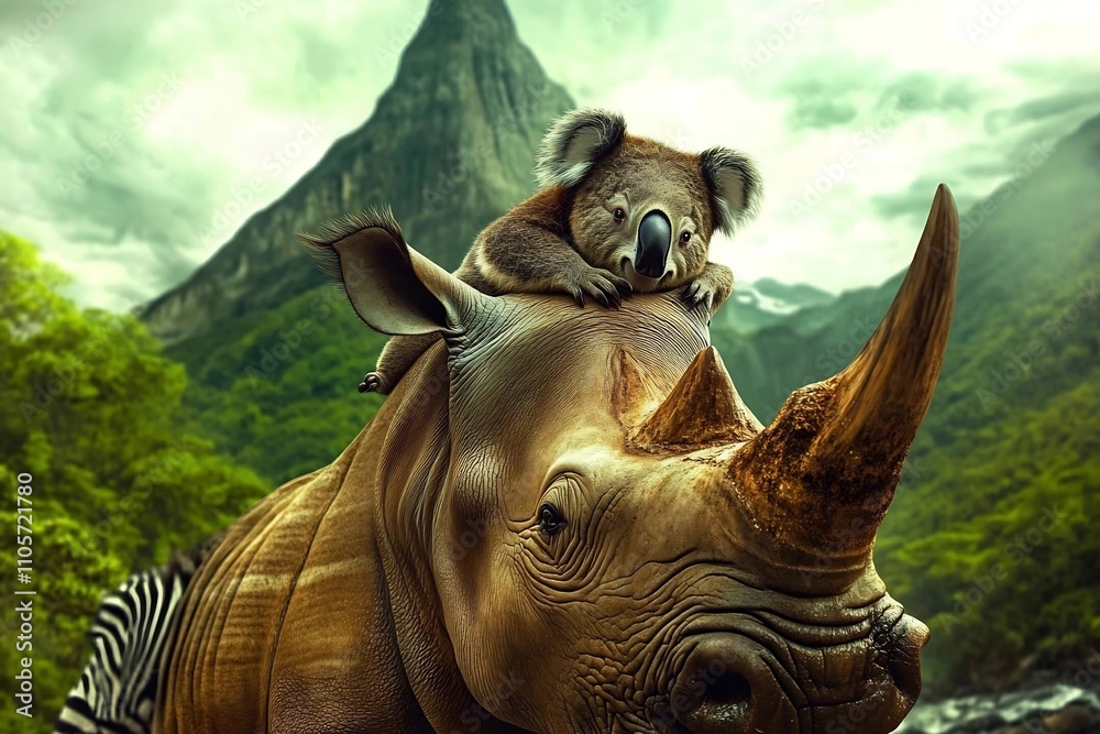 Fototapeta premium Majestic Rhinoceros Amid Lush Tropical Landscape with Towering Mountain