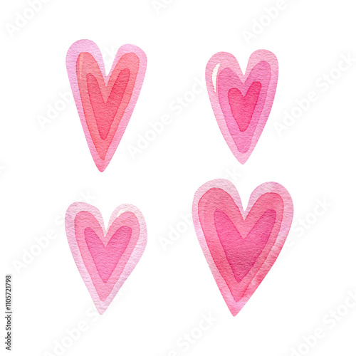 Watercolor hearts collection. Hand drawn cute illustration of pink hearts for valentines day greeting cards design, posters, holidays textile prints
