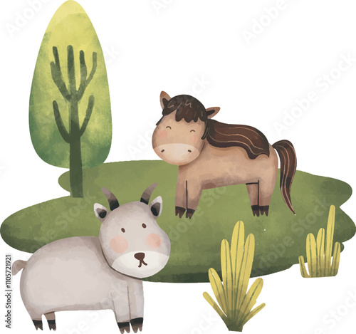 watercolor set of a variety farm animals, Cute Farm Animals Illustration with Barn and flowers, Watercolor Illustration set of farm, barn,  and nature elements, Design elements for wall art or nursery